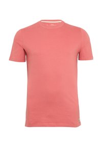 Kurzärmliges T-Shirt in heller Korallenfarbe, aus weichem Baumwollmaterial, mit rundem Ausschnitt und einem kleinen Logo-Detail am Saum.