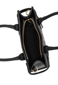 Black leather handbag with two handles, open zipper pocket inside, and gold-tone metal rings and zipper teeth details.