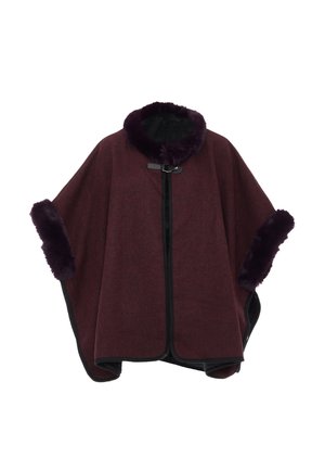 Burgunderfarbener Poncho mit einem Kragen und Manschetten aus Kunstfell, schwarzem Futter, vorderem Verschluss und einem übergroßen, entspannten Design.