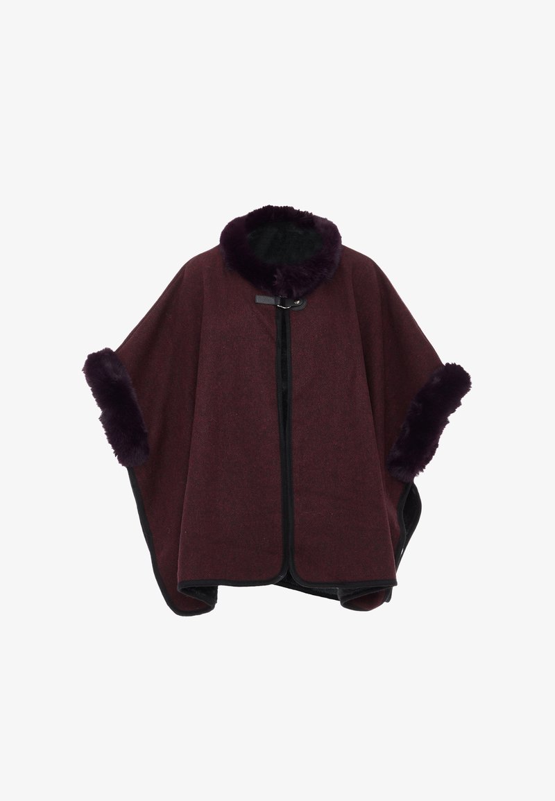 Bordeaux poncho met een nepbontkraag en -manchetten, zwarte voering, sluiting aan de voorkant en een oversized, relaxte pasvorm.