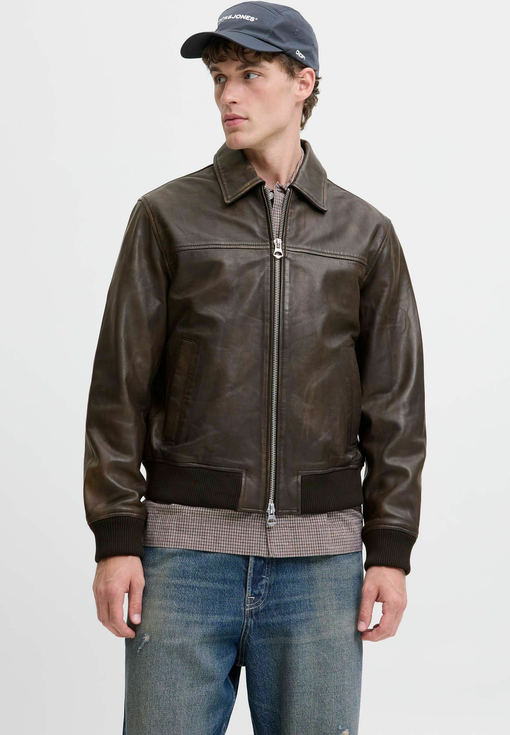 Jack & Jones Bomber Bomber - Leather jacket - chocolate brown