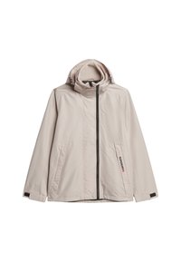 Lys beige jakke lavet af glat, vandafvisende stof. Har hætte, full front zip og sidelommer med lynlås. Har branddetalje på forsiden.