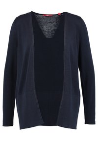 Marinblå lätt cardigan med öppen fram, långa ärmar, ribbad textur vid fållen och en subtil V-ringning under.