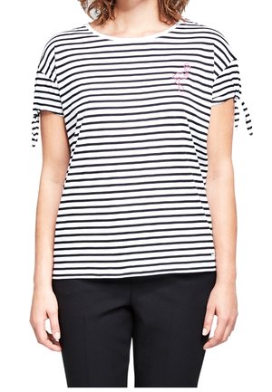 Gestreides Kurzarm-T-Shirt in Schwarz und Weiß mit einem rosa Flamingo-Stick auf der linken Seite und Bindebändern an den Ärmeln.