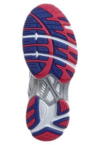Suela de zapato con un diseño texturizado; en bloques de color azul, rojo y blanco. Presenta surcos para tracción y una entre-suela acolchada.