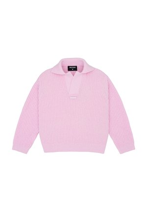 Suéter de punto rosa con mangas largas, textura acanalada, cuello abierto y una pequeña etiqueta negra en el interior del cuello.