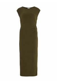 Olive zelené maxi šaty z jemného, elastického materiálu. Majú okrúhly výstrih a zhrňované detaily po boku pre zvýraznenie textúry.