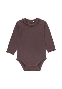 Långärmad bodysuit i mörk mauve med spetsdetaljer vid halsringningen och ärmarna, tillverkad av mjuk bomull, med knäppning längst ner.
