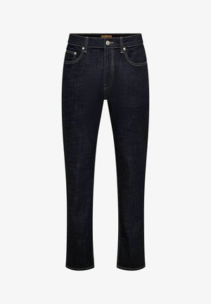 Jean en denim bleu foncé avec fermeture avant par bouton et zip, poches avant et coutures visibles sur fond blanc.