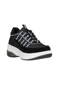 Scarpe da ginnastica nere realizzate in materiali mesh e scamosciato, con accenti grigi, una spessa intersuola bianca e un design con cuscino d'aria trasparente.