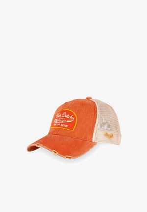 Casquette de baseball orange de style vintage avec dos en filet, logo sur la face avant, visière usée et fermeture réglable à pression.