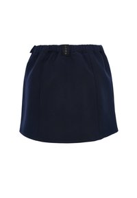 Marineblauwe rok met een elastische tailleband, een gladde textuur, boven de knie lengte, met voorplooien en een minimalistisch design.