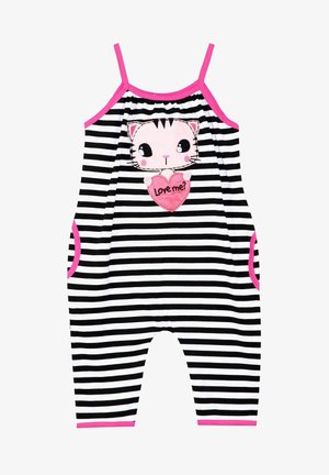 Schwarzer und weiß gestreifter Jumpsuit mit pinken Akzenten, der ein Katzenkopf- und Herz-Patch mit dem Text "Love me?" zeigt. Verstellbare Spaghetti-Träger.
