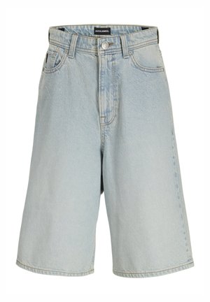 Hellblaue Jeansshorts mit lockerem Schnitt, ausgestattet mit einer Knopfleiste, Gürtelschlaufen und fünf Taschen. Leicht verwaschene Optik durchgehend.
