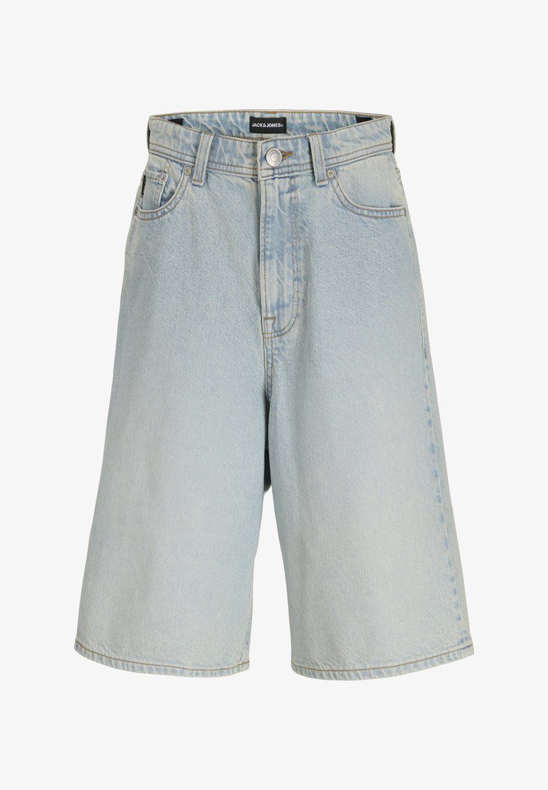 Ανοιχτό μπλε τζιν σορτς με χαλαρή εφαρμογή, με κούμπωμα με κουμπί, θηλιές για ζώνη και πέντε τσέπες. Ελαφρώς ξεθωριασμένη υφή σε όλο το ύφασμα.