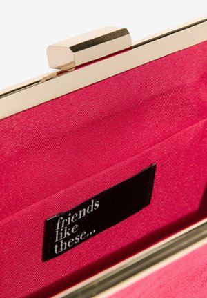 Roosa kangast sidur sees, millel on kuldne kinnitus. Sisemine must silt, millel on kiri "sõbrad nagu need". Tekstuuriga vooder lisab sügavust.