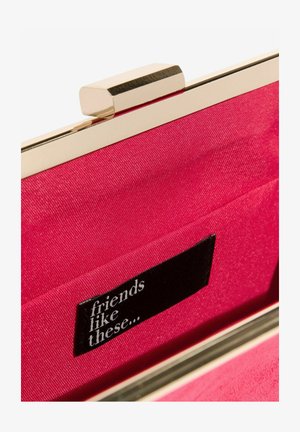 Roosa kangast sidur sees, millel on kuldne kinnitus. Sisemine must silt, millel on kiri "sõbrad nagu need". Tekstuuriga vooder lisab sügavust.