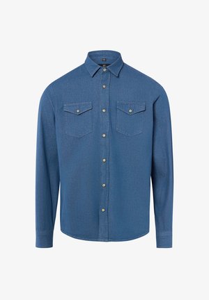 Niebieska koszula z długim rękawem z denimu, zapinana na guziki, z kołnierzem w szpic oraz dwoma kieszeniami na piersi zapinanymi na klapki z guzikami.