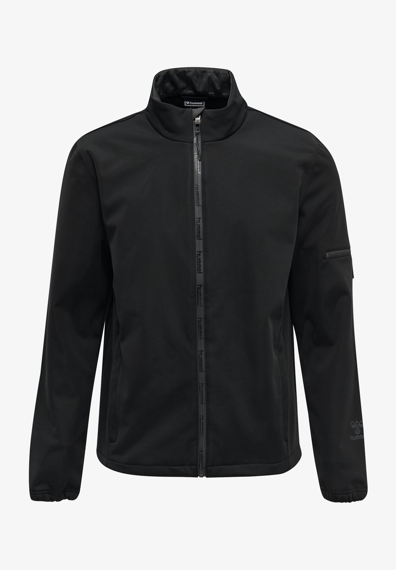 Black softshell jacket with a high collar, front zipper, and elastic cuffs. Features a side pocket and subtle branding on sleeve.