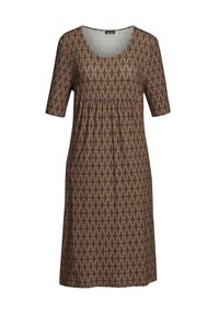 Braun gemustertes Kleid mit kurzen Ärmeln, Rundhalsausschnitt, gerafftem Bund und geometrischem Dreiecksdesign im gesamten Stoff.