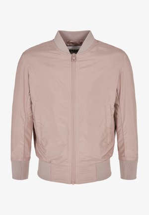 Light pink bomber jacket, made of smooth fabric. Features ribbed cuffs and collar, zip-up front, and side pockets. Simple design.