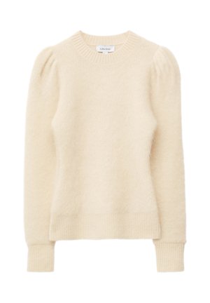 Cream-colored sweater made of soft, textured fabric with a round neck, puffed sleeves, and ribbed cuffs and hem. Simple design, no patterns.