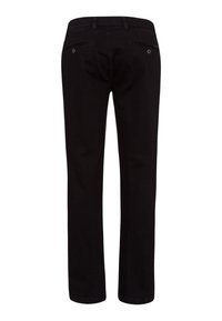 Pantaloni neri a gamba dritta realizzati in cotone con una texture liscia. Presentano due tasche posteriori con bottoni metallici rotondi.