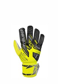 Reusch-Torwarthandschuhe mit einem Design in Schwarz, Gelb und Grau. Strukturierte Oberfläche mit gepolstertem Handgelenk und markanten Griffmustern.