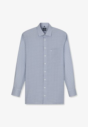 Hemd mit Knopfverschluss in Hellblau mit einem geometrischen Muster aus dunkelblauen Kreisen. Verfügt über einen klassischen Kragen und lange Ärmel.