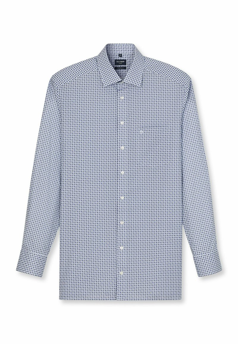Hemd mit Knopfverschluss in Hellblau mit einem geometrischen Muster aus dunkelblauen Kreisen. Verfügt über einen klassischen Kragen und lange Ärmel.