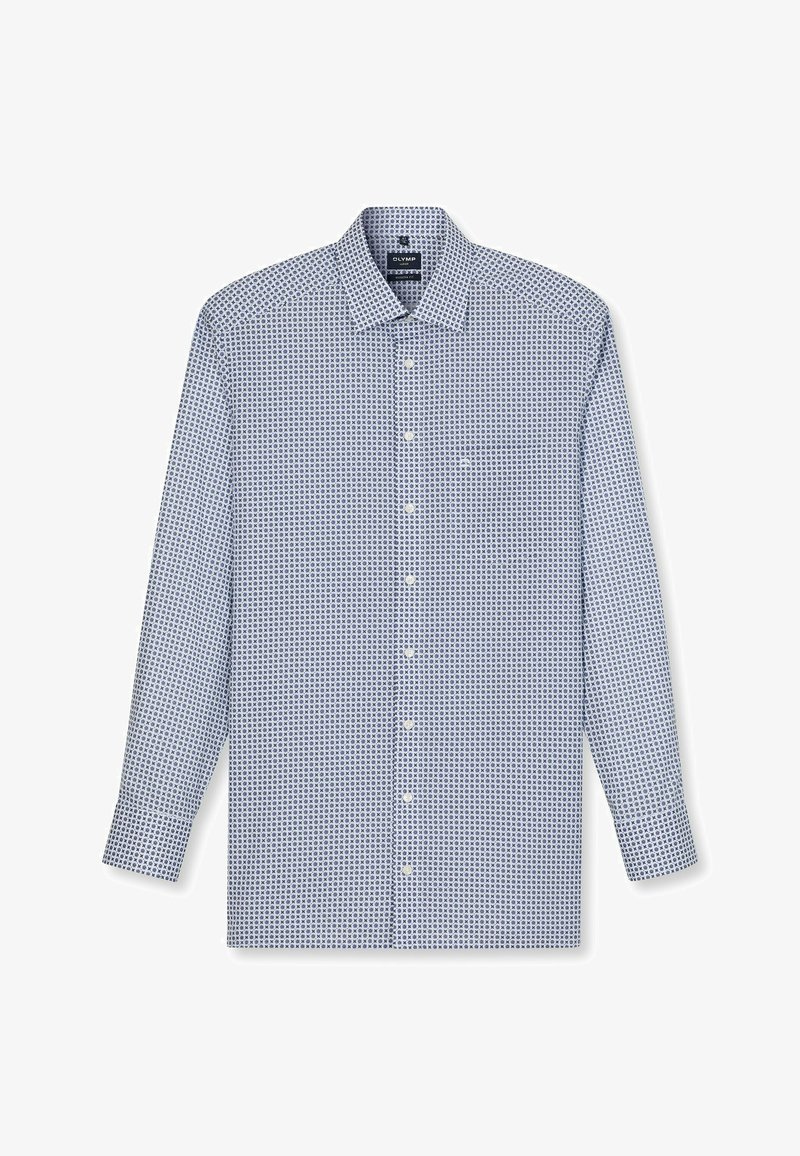Hemd mit Knopfverschluss in Hellblau mit einem geometrischen Muster aus dunkelblauen Kreisen. Verfügt über einen klassischen Kragen und lange Ärmel.