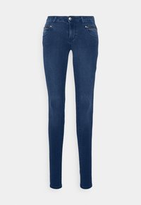 Skinny jeans made of dark blue denim, featuring front pockets with zip closures, a button closure, and a classic five-pocket design.