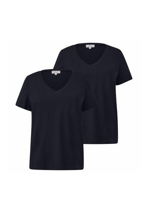 Two plain black short-sleeve V-neck T-shirts stacked, front-facing on a white background.