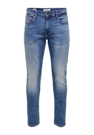 Blue slim-fit jeans with slight fading on thighs, five-pocket design, button and zip closure, and belt loops.