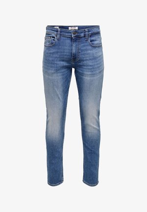 Zilas šauras džinsi ar vieglu izbalēšanu augšstilbos, piecu kabatu dizains, aizdare ar pogu un rāvējslēdzēju, kā arī cilpas jostai.