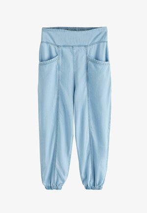Hellblaue Freizeit-Hose mit elastischem Bund und Bündchen, Vordertaschen und vertikalen Nahtdetails an den Beinen.