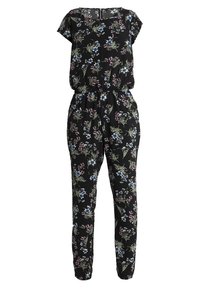 Combinaison noire à manches courtes et taille élastique, avec un motif floral en bleu, vert et rose clair.