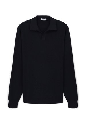 Polo shirt noir à manches longues en tricot avec un col et une coupe légèrement décontractée. Présente une texture côtelée et un ourlet droit.