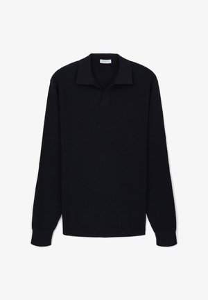 Polo shirt noir à manches longues en tricot avec un col et une coupe légèrement décontractée. Présente une texture côtelée et un ourlet droit.
