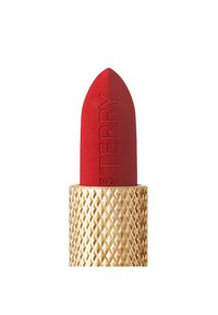 Rossetto rosso con punta affilata, caratterizzato da un marchio in rilievo. Il proiettile con motivo esagonale dorato offre una base decorativa e testurizzata.