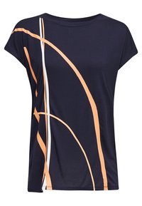 Mörkblå kortärmad t-shirt med abstrakta linjer i orange och vitt. Mjuk, lätt tyg med avslappnad passform och rund halsringning.