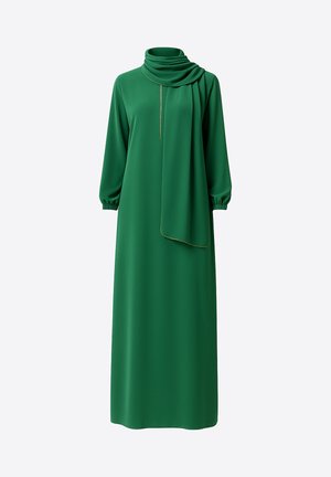 Grünes Kleid aus glattem Stoff. Verfügt über einen hohen Kragen, einen drapierten, schalähnlichen Stoff, lange Ärmel mit elastischen Bündchen und eine lange Silhouette.