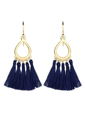 Guld dråbeformede øreringe med fem mørkeblå tråd-tassels, der hænger fra bunden af hver ørering.