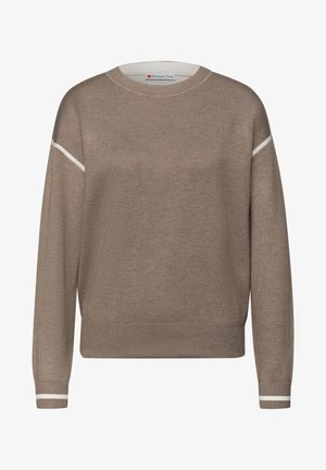 Brązowy długi sweter z dzianiny z okrągłym dekoltem, białe paski ozdobne na rękawach i mankietach oraz ściągacz w dole.