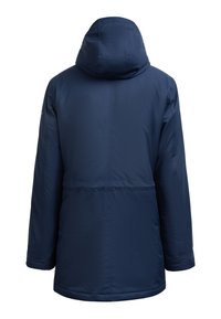 Navy blue insulated jacket with a hood, featuring a smooth texture, long sleeves, and a cinched waist for a streamlined shape.