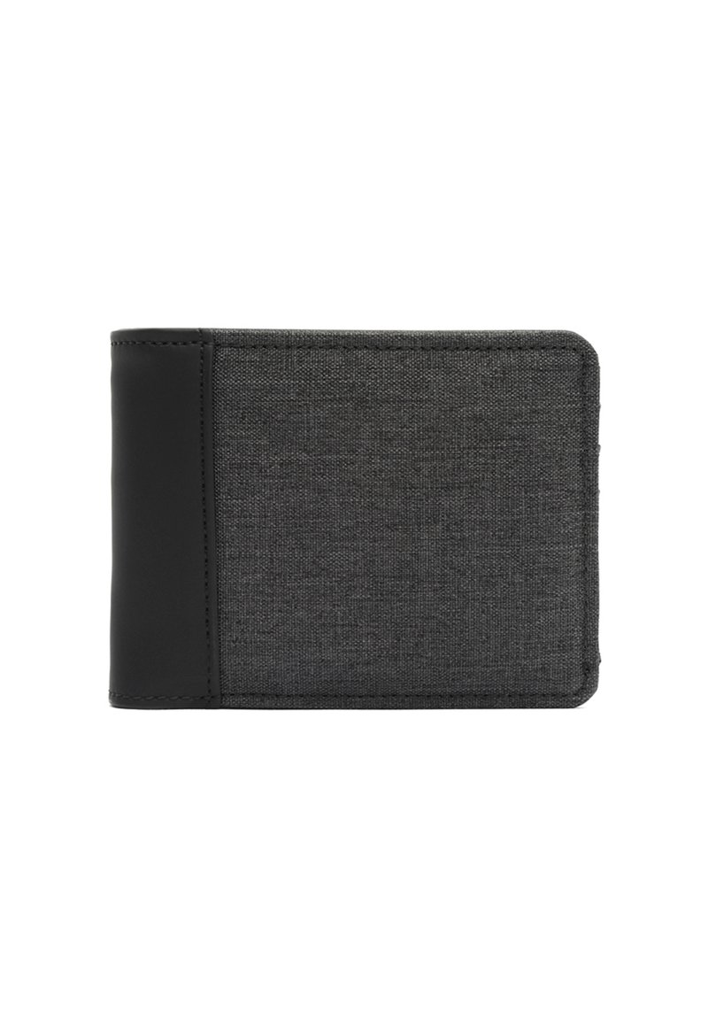 Portafoglio in tessuto grigio scuro con accentuazione in pelle nera sul lato sinistro, rettangolare con angoli arrotondati, mostrato chiuso su sfondo bianco.