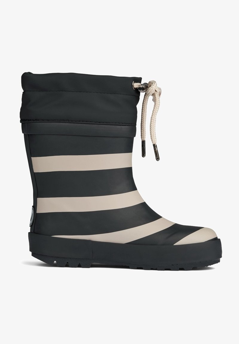 Botte de pluie en caoutchouc rayée noir et beige avec un haut à cordon de serrage, texture lisse, bout rond et semelle texturée pour une meilleure adhérence.