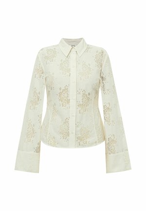 Blusa de encaje crema de manga larga con motivos florales, cierre de botones en la parte delantera, cuello puntiagudo y puños anchos.