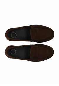 Brown suede loafers with a smooth texture, featuring a stitched apron design and a black cushioned insole. No visible hardware or patterns.