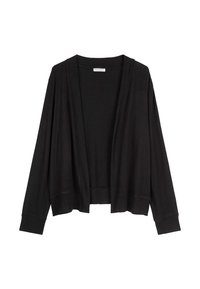 Cardigan nero aperto realizzato in tessuto morbido, con polsini e orlo a costine, maniche lunghe e una vestibilità rilassata.